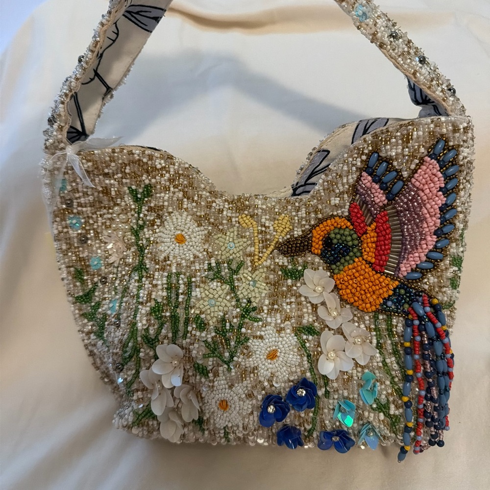 Beaded Floral & Parrot Embellished Shoulder Bag - Multicolor